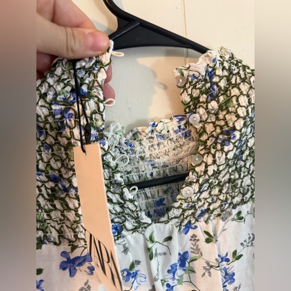 Zara NWT Printed Rustic Smocked High Neck Floral Midi Dress, Size S - Picture 12 of 14